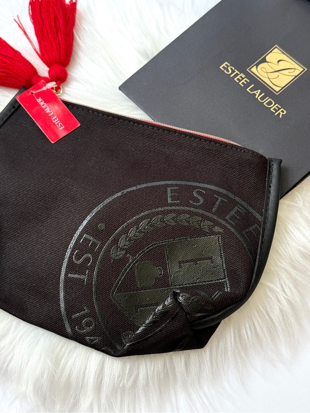 Estee Lauder Black Cosmetic Pouch with Red Tassel Accent New